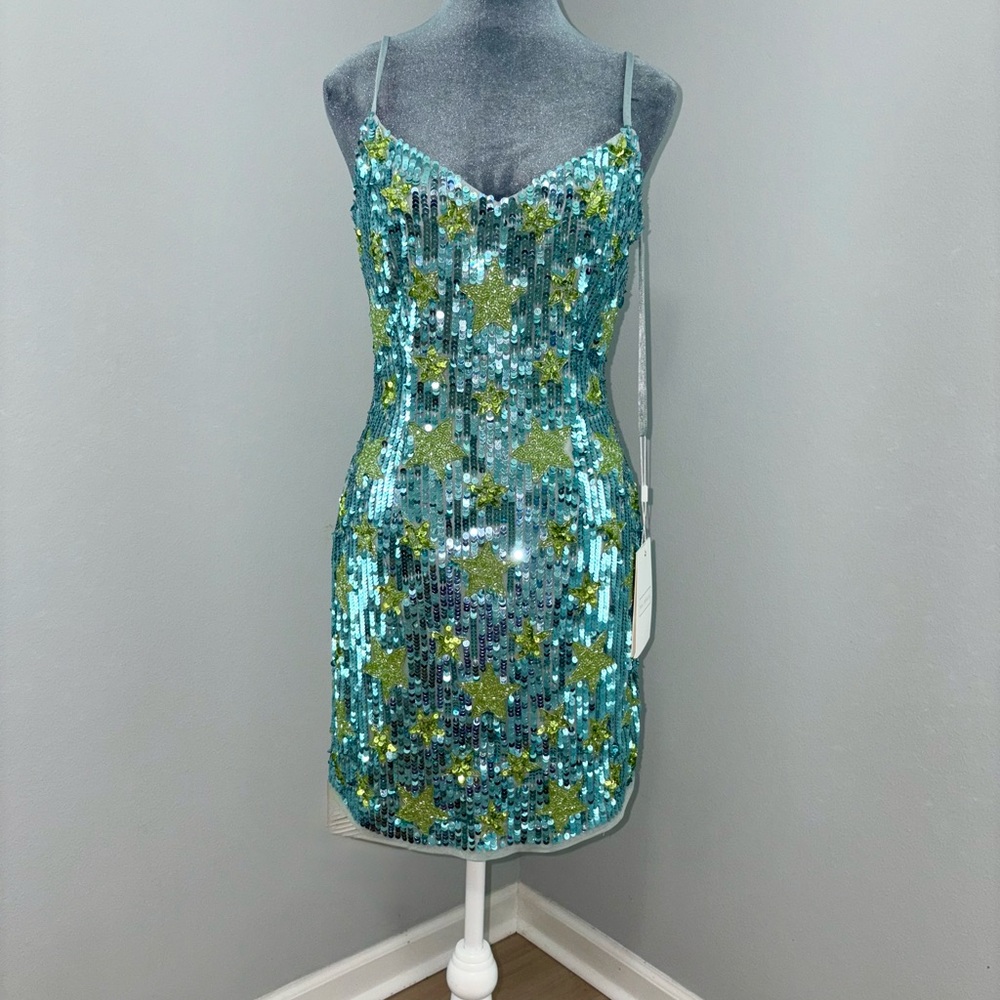 SAMPLE Mac Duggal Sequin Mini Dress in Blue and Green